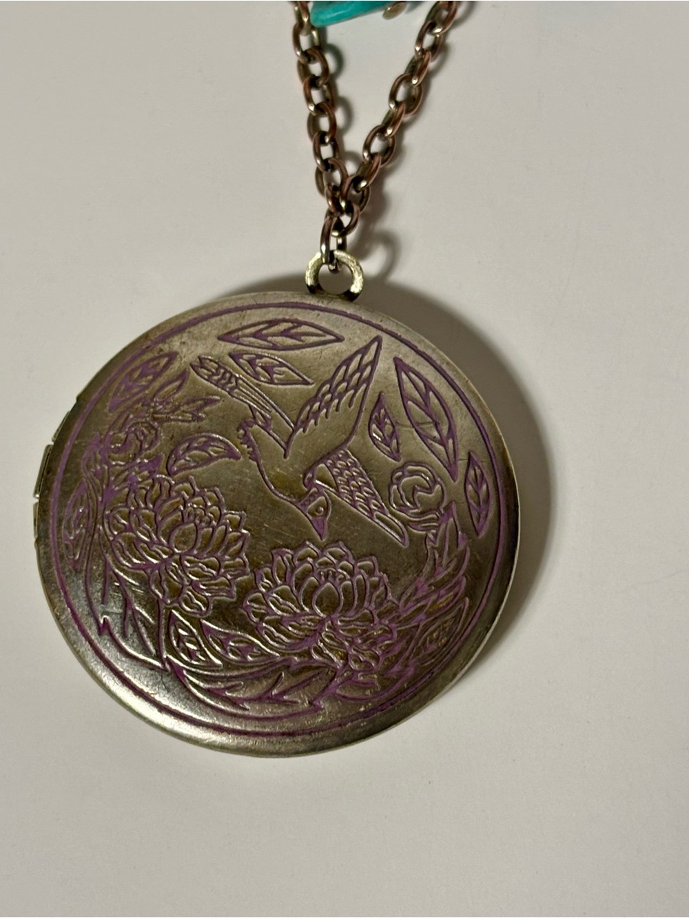 Vintage Boho Hummingbird Locket & Turquoise Chip Necklace
